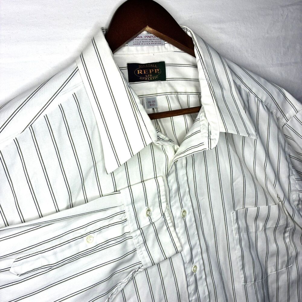 REPP LTD Big & Tall Mens Dress Shirt Size 18-35 White Striped Pima Pinpoint USA